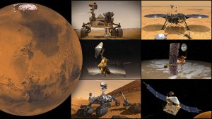 NASA's Mars missions, clockwise from top left: Perseverance rover and Ingenuity Mars Helicopter, InSight lander, Odyssey orbiter, MAVEN orbiter, Curiosity rover, and Mars Reconnaissance Orbiter. Credit: NASA/JPL-Caltech